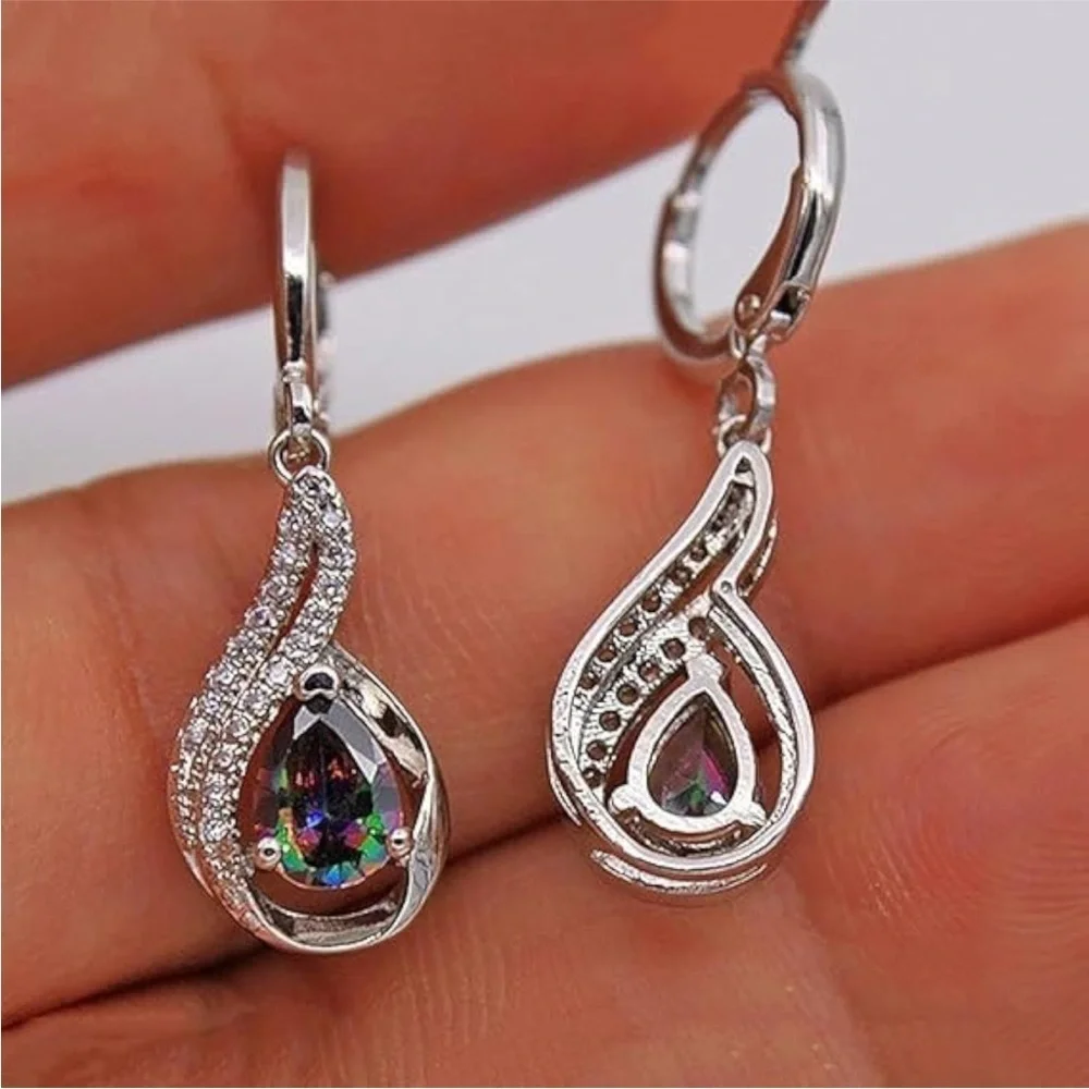 Mystic Rainbow Crystal Teardrop Dangle Earrings Silver Tone